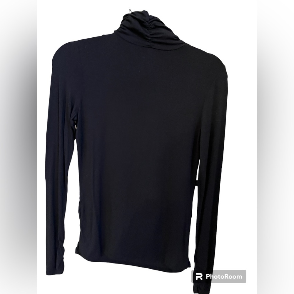 Black turtleneck with rushing.  Size S petite.  95% Modal Rayon, 5% Elastane